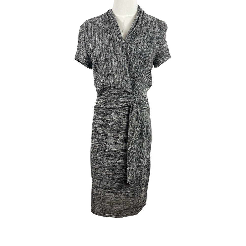 Maeve Anthropologie M Gray Knit Faux Wrap Dress Ruched Tie Waist Short Sleeve